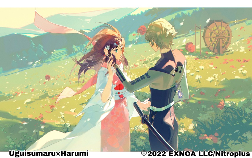 1boy 1girl 2022 absurdres black_bodysuit black_gloves blonde_hair blue_eyes blue_flower blue_rose bodysuit brown_hair character_name copyright_notice cowboy_shot day earrings eyelashes face-to-face female_saniwa_(touken_ranbu) field floral_print flower flower_field forest from_behind gloves hair_flower hair_ornament hairclip hand_on_another&#039;s_cheek hand_on_another&#039;s_face haori hetero highres jacket japanese_clothes jewelry katana kimono layered_sleeves letterboxed long_hair long_sleeves mountain nature obi outdoors parted_lips petals pink_kimono red_flower rose rose_print saniwa_(touken_ranbu) sash sheath sheathed short_hair sphere_earrings sword touken_ranbu tree turtleneck turtleneck_bodysuit uguisumaru water_wheel weapon white_jacket white_sash white_sleeves wide_sleeves wind yatengyuhangyuan