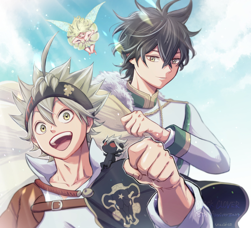 2boys ahoge asta_(black_clover) bell_(black_clover) black_bulls_(emblem) black_capelet black_clover black_hair black_headband capelet closed_mouth collared_shirt fairy fairy_wings fur-trimmed_capelet fur_trim green_eyes grey_hair headband highres liebe_(black_clover) looking_at_viewer male_focus multiple_boys nac_tw open_mouth shirt short_hair smile spiked_hair tassel twitter_username uniform white_shirt wings yellow_capelet yellow_eyes yuno_(black_clover)