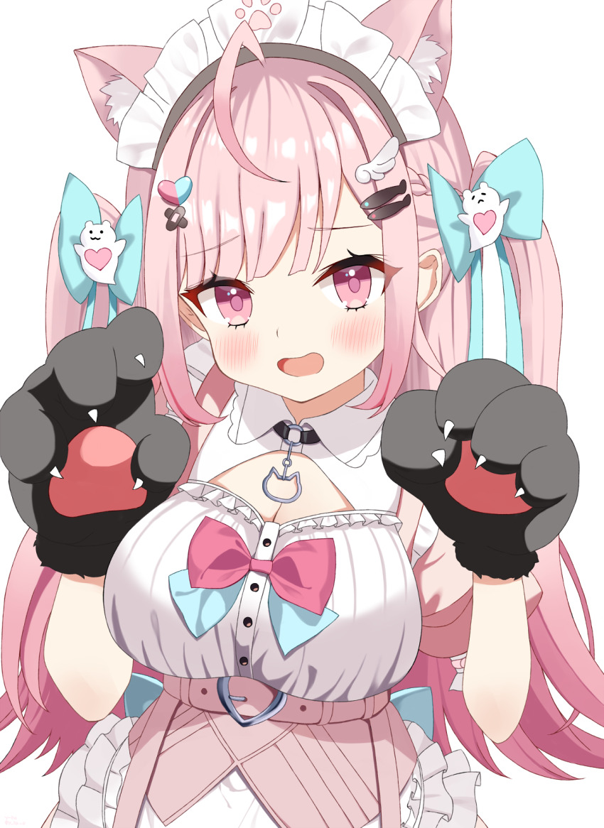 1girl ahoge animal_ear_fluff animal_ears animal_hands aqua_bow bandaid bandaid_hair_ornament belt black_choker black_gloves blush bow breasts cat_choker cat_ears cat_girl cat_paw choker cleavage commentary dress fish_hair_ornament ghost_hair_ornament gloves hair_bow hair_ornament hairclip heart heart_hair_ornament highres indie_virtual_youtuber large_breasts long_hair looking_at_viewer maid maid_headdress o-ring o-ring_choker open_mouth paw_gloves paw_print pink_belt pink_dress pink_eyes pink_hair short_sleeves simple_background solo two_side_up virtual_youtuber white_background wing_hair_ornament y-ha yuuki_sakuna
