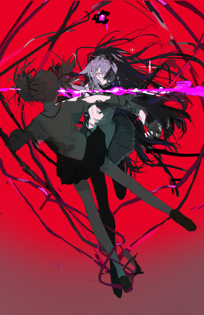2girls absurdres akemi_homura akemi_homura_(magical_girl) black_footwear black_hair black_hairband black_skirt boots brown_footwear catching chinese_commentary commentary_request constricted_pupils crossed_bangs floating_hair full_body grey_skirt hair_ribbon hairband headshot highres jacket juliet_sleeves kaname_madoka kuma_(yoooooooo152) long_hair long_sleeves mahou_shoujo_madoka_magica mahou_shoujo_madoka_magica_(anime) mitakihara_school_uniform multiple_girls outstretched_arm parted_lips pink_hair pink_ribbon puffy_sleeves purple_eyes red_background ribbon school_uniform short_hair short_twintails simple_background skirt soul_gem sparkle thigh_boots thighhighs twintails white_thighhighs yellow_jacket
