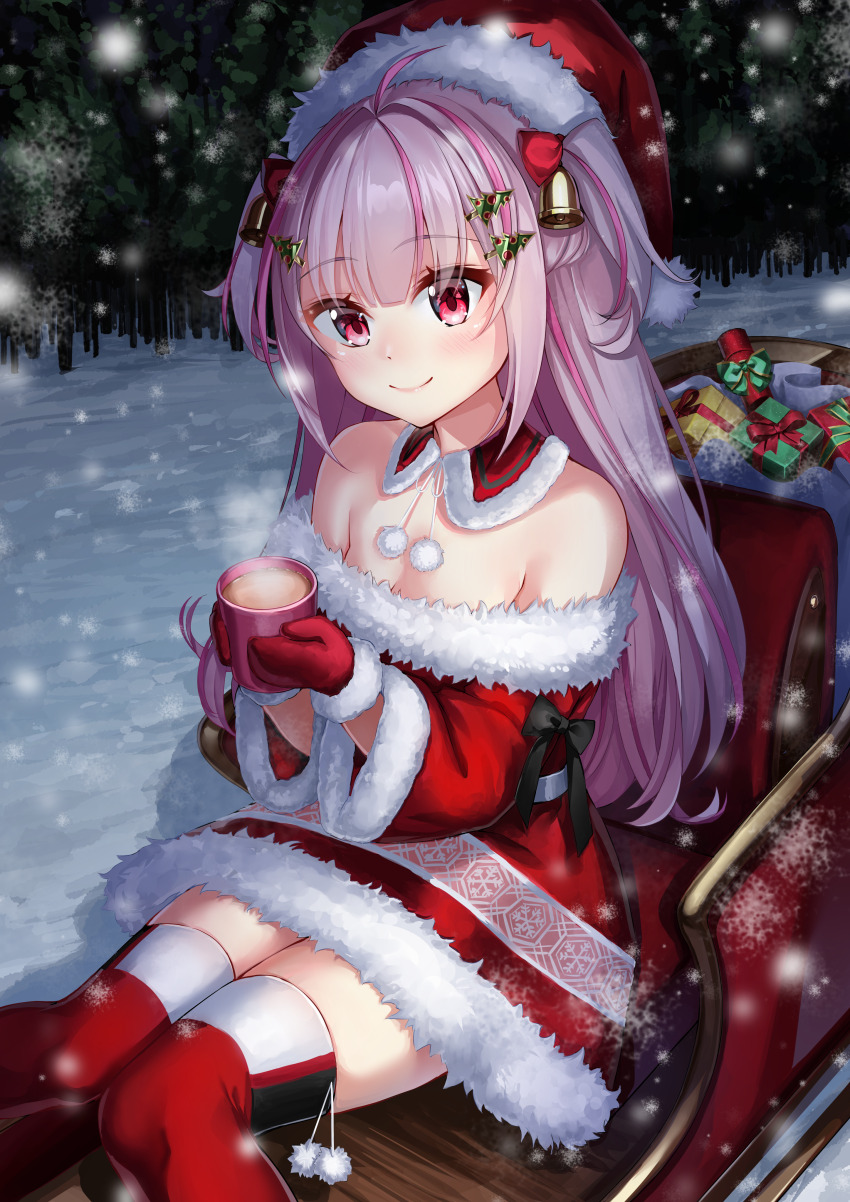 1girl absurdres ahoge blurry blush box character_request christmas christmas_tree_hair_ornament closed_mouth collar commentary_request cup depth_of_field detached_collar dollive dress fur-trimmed_collar fur-trimmed_dress fur-trimmed_headwear fur-trimmed_mittens fur_trim gift gift_box hair_ornament hat highres holding holding_cup hot_chocolate mittens mug multicolored_hair pink_eyes pink_hair pom_pom_(clothes) red_collar red_dress red_hat red_mittens red_thighhighs rissenka santa_costume santa_hat sitting sleigh smile snow steam streaked_hair thighhighs