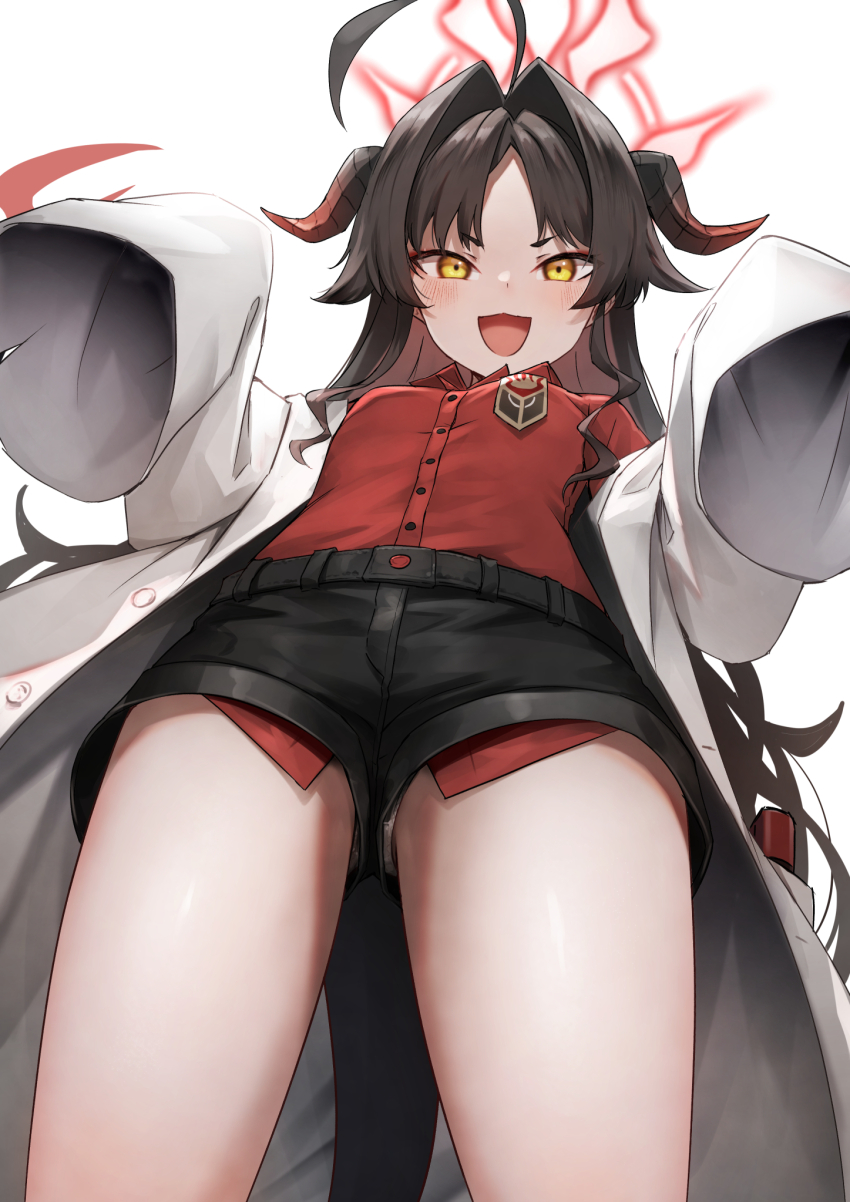 1girl :d ahoge belt black_hair black_horns black_shorts black_tail blue_archive blush coat collared_shirt demon_horns demon_tail hair_intakes halo highres horns kai_(esugi) kasumi_(blue_archive) lab_coat long_hair long_sleeves open_clothes open_mouth panties pantyshot red_halo red_shirt shirt shirt_tucked_in shorts sleeves_past_wrists smile solo standing tail underwear white_background white_coat yellow_eyes