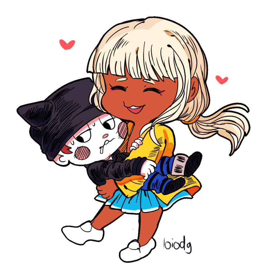 1boy 1girl ^_^ animal_ear_headwear animal_ears beanie black_eyes black_footwear black_jacket black_sleeves blonde_hair blue_pants blue_skirt blunt_bangs blunt_ends blush_stickers brown_hair carrying cigarette closed_eyes coat commentary danganronpa_(series) danganronpa_v3:_killing_harmony dark-skinned_female dark_skin english_commentary eyelashes fake_animal_ears floating_hair half-closed_eyes hand_on_another&#039;s_arm hat heart height_difference holding holding_cigarette hoshi_ryoma jacket leather leather_jacket loiodg long_hair long_sleeves looking_down low-tied_long_hair low_ponytail miniskirt mouth_hold neko_no_ongaeshi open_clothes open_coat open_mouth pants parted_lips pleated_skirt ponytail princess_carry prison_clothes raincoat shoes short_hair simple_background single_ankle_cuff skirt smile striped_clothes striped_pants sweat teeth upper_teeth_only white_background white_footwear yellow_raincoat yellow_sleeves yonaga_angie