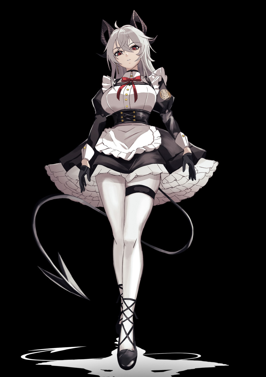 1girl absurdres alternate_costume aoi_(ayakaze_aoi) apron black_background black_choker black_dress black_gloves black_horns black_shoes black_tail bow bowtie breasts choker commentary curled_horns demon_tail dress earrings enmaided full_body gloves grey_hair hair_between_eyes highres horns jewelry key_earrings large_breasts long_sleeves looking_at_viewer maid medium_hair pantyhose parted_lips puffy_sleeves red_bow red_bowtie red_eyes shoes simple_background solo tail thigh_strap white_apron white_pantyhose wuthering_waves zani_(wuthering_waves)