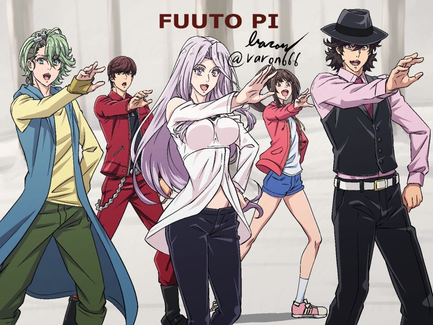2girls 3boys artist_name bare_shoulders baron_(varon666) black_hat black_pants black_vest blue_coat breasts brown_eyes brown_hair coat copyright_name cowboy_shot dancing deadpool_&amp;_wolverine deadpool_(series) fedora fuuto_tantei green_eyes green_hair group_picture hat hidari_shoutarou high_ponytail highres hood hooded_coat jacket kamen_rider kamen_rider_w large_breasts long_hair marvel marvel_cinematic_universe multiple_boys multiple_girls narumi_akiko outdoors outstretched_arm pants philip_(kamen_rider) pink_shirt pink_shoes ponytail purple_eyes purple_hair red_jacket red_pants shirt shoes short_hair sleeveless sleeveless_coat snow terui_ryuu tokime_(fuuto_tantei) twitter_username vest white_shirt