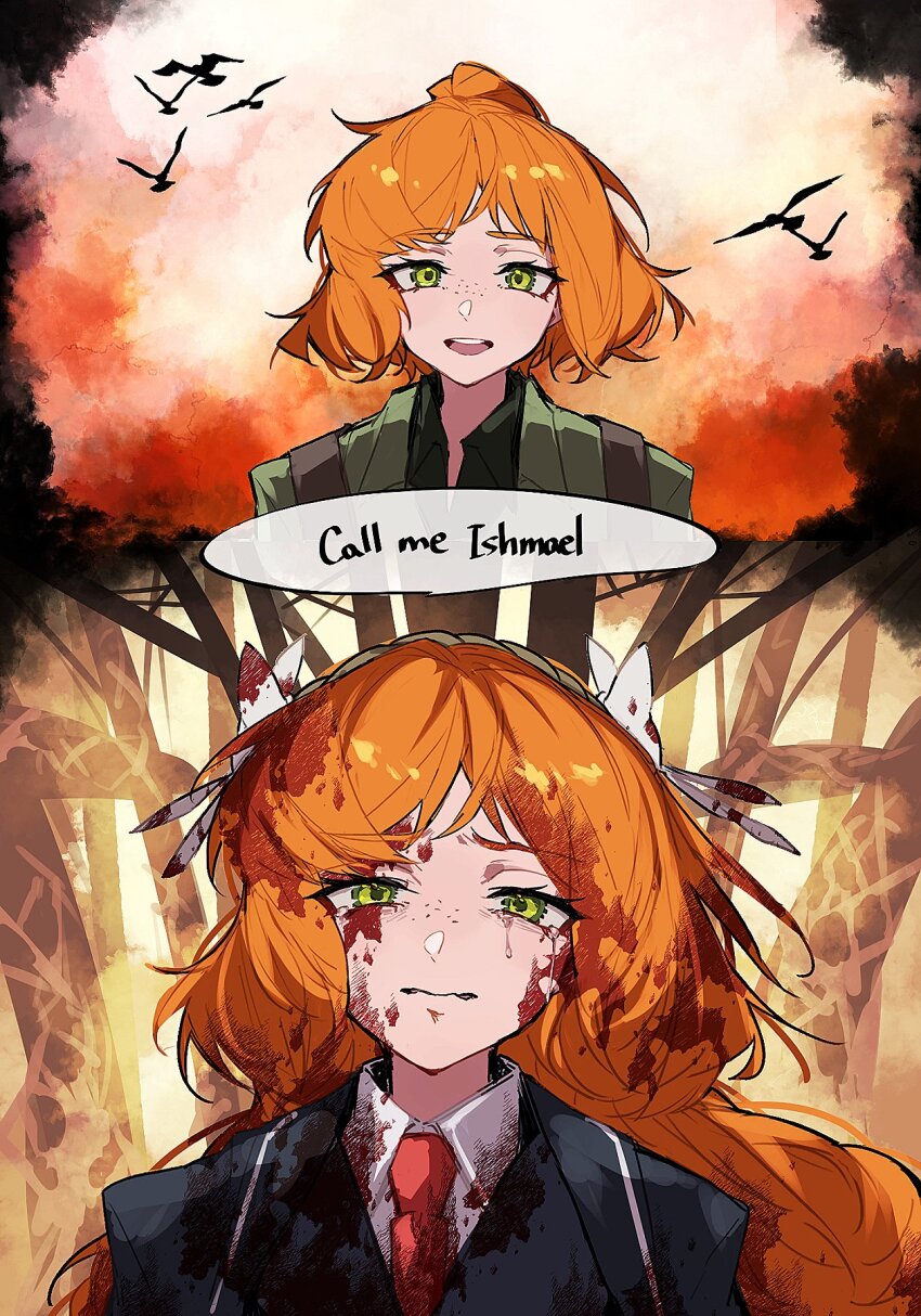 1girl :d bird black_jacket collared_shirt commentary crying crying_with_eyes_open dress_shirt english_commentary english_text formal_clothes freckles green_eyes happy highres ishmael_(project_moon) ishmael_(the_pequod)_(project_moon) jacket lapels limbus_company long_hair multiple_views nakame77 necktie open_mouth orange_hair portrait project_moon red_necktie sad shirt short_hair smile sunset tears time_progression white_shirt