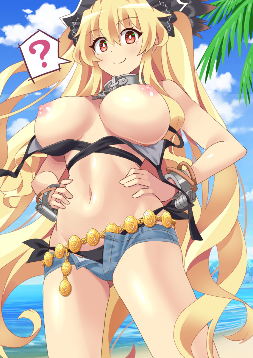 1girl ? anne_bonny_(fate) anne_bonny_(swimsuit_archer)_(first_ascension)_(fate) bare_shoulders beach belly_chain bikini black_bikini black_hat blonde_hair blue_shorts blue_sky blush breasts breasts_out collar cuffs denim denim_shorts fate/grand_order fate_(series) hat highres jewelry large_breasts long_hair looking_at_viewer metal_collar navel nipples open_fly pirate_hat red_eyes shimouki_izui shore short_shorts shorts sky smile solo swimsuit thighs two_side_up