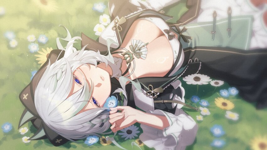 1girl alias_anono black_bow black_hood blue_eyes blue_flower bow braid breasts cleavage collar detached_collar dress flower grass green_hair grey_hair hair_between_eyes highres hood hooded_jacket jacket jewelry lying multicolored_hair necklace on_back open_clothes open_jacket pearl_necklace second-party_source solo streaked_hair tika_yuduki v4mirai virtual_youtuber white_collar white_dress white_flower yellow_flower