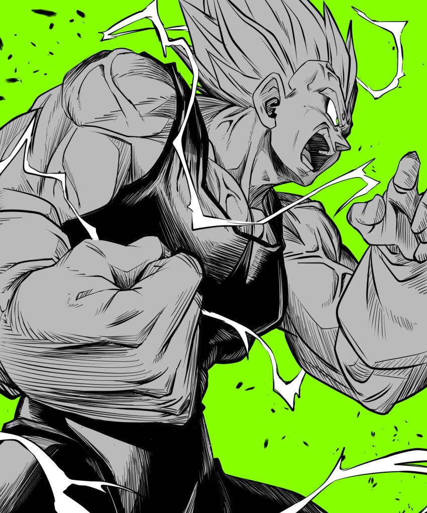 1boy dragon_ball dragonball_z electricity facial_mark fighting_stance forehead_mark green_background green_eyes greyscale_with_colored_background highres majin_vegeta muscular muscular_male sekitsuki_hayato solo spiked_hair spot_color super_saiyan super_saiyan_2 vegeta veins