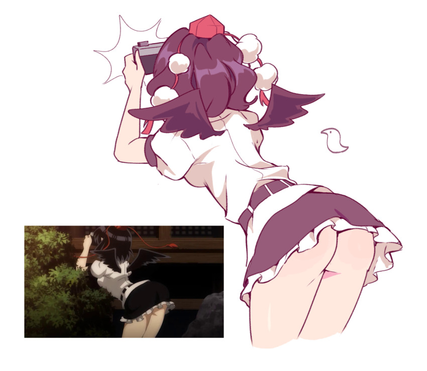 1girl ass bare_legs belt black_belt black_hair black_skirt black_wings bottomless camera camera_flash frilled_skirt frills hat highres holding holding_camera leaning_forward no_panties pom_pom_(clothes) reference_inset rhythm_pagi shameimaru_aya shirt short_sleeves simple_background skirt solo taking_picture the_memories_of_phantasm thighs tokin_hat touhou white_background white_shirt wings