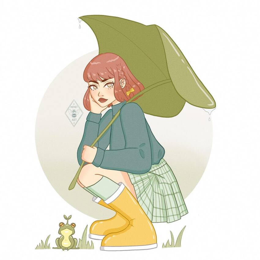 1girl boots frog grass green_skirt green_sweater hand_on_own_face highres holding holding_umbrella leaf_umbrella looking_at_viewer neia_(honei.studio) original red_eyes red_hair rubber_boots simple_background skirt squatting sweater umbrella water_drop