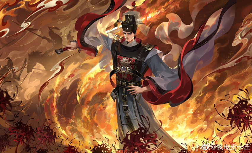 1boy armor black_eyes black_hat breastplate character_request chinese_armor chinese_commentary commentary_request copyright_request embers expressionless facial_hair feet_out_of_frame fingernails fire flaming_sword flaming_weapon floating_clothes flower goatee grey_hanfu hand_on_own_stomach hat highres holding holding_sword holding_weapon horseback_riding long_sleeves looking_at_viewer male_focus pyrokinesis red_flower riding short_hair smoke soldier solo_focus spider_lily sword thick_eyebrows war watermark weapon weibo_watermark wide_sleeves ye_dian_pikaqiu
