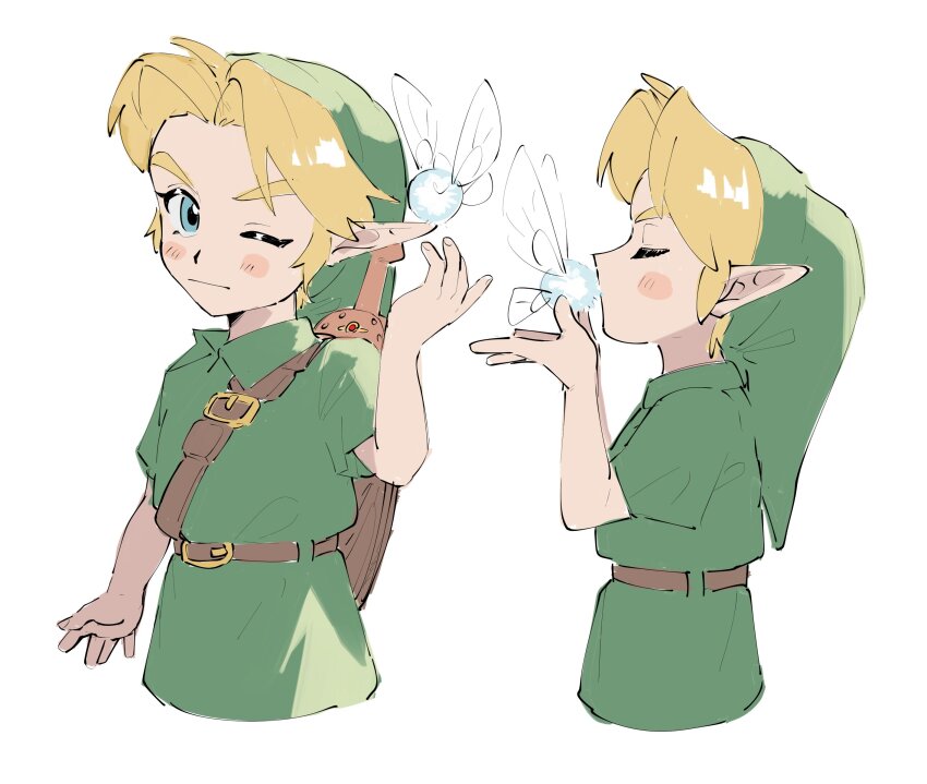 1boy belt blonde_hair blue_eyes blush_stickers brown_belt closed_eyes closed_mouth collared_shirt commentary_request cropped_torso deku_shield fairy from_side green_hat green_tunic hand_up hands_up hat highres kiss kokiri_sword link male_focus multiple_views navi nintendo one_eye_closed pointy_ears shield shield_on_back shirt shoulder_belt simple_background sword sword_on_back the_legend_of_zelda the_legend_of_zelda:_ocarina_of_time three_quarter_view tunic weapon weapon_on_back white_background wooden_shield yamori_(yamoooon21) young_link