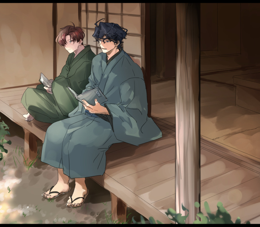 2boys ahoge black_hair blue_eyes blue_kimono book brown_footwear closed_mouth commentary_request dirt fate/grand_order fate_(series) grass green_kimono grey_hair hair_between_eyes hair_over_one_eye highres holding holding_book japanese_clothes kimono letterboxed long_sleeves looking_at_another male_focus multicolored_hair multiple_boys one_eye_covered open_book open_mouth parted_bangs red_eyes red_hair sandals short_hair shouji sitting sliding_doors smile streaked_hair takasugi_shinsaku_(fate) takasugi_shinsaku_(first_ascension)_(fate) toes veranda wide_sleeves yoshida_shouin_(fate) yuu_(areruya) zouri