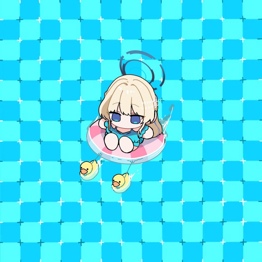 1girl blonde_hair blue_archive blue_eyes blue_shirt chibi commentary_request floating full_body halo halterneck highres koyuuuuuuuuuuu no_mouth no_nose optical_illusion primrose_field_illusion rubber_duck shirt signature solo swim_ring toki_(blue_archive) water