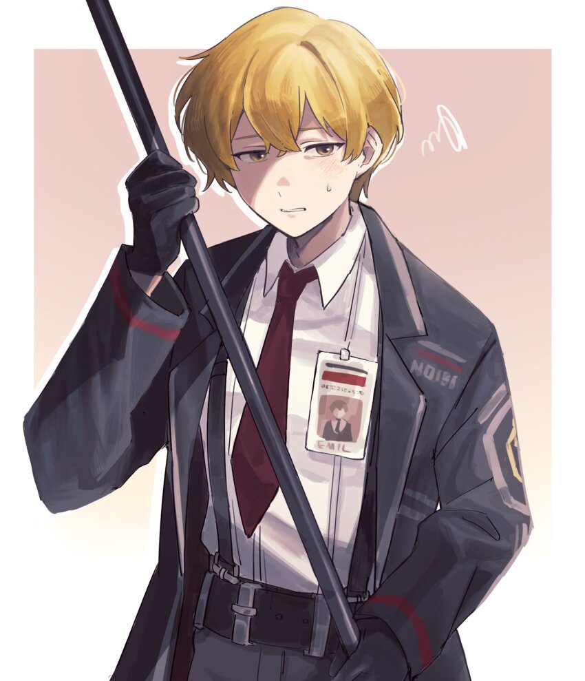 1boy belt black_gloves blonde_hair cowboy_shot formal_clothes gloves halberd highres id_card limbus_company male_focus necktie polearm project_moon red_necktie rnaro_maro shirt short_hair sinclair_(project_moon) solo suit suspenders swirl weapon white_shirt yellow_eyes