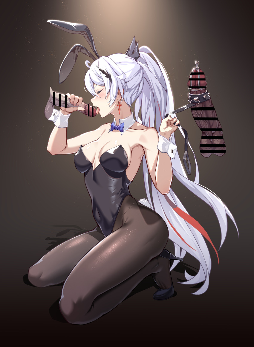 1girl absurdres animal_ears black_leotard black_pantyhose blue_bow blue_bowtie bow bowtie breasts brown_background call_bell carrot censored chastity_cage cleavage closed_eyes earrings erection fake_animal_ears fellatio full_body hair_ornament headband high_heels highres holding honkai_(series) honkai_impact_3rd huiqian jewelry kiana_kaslana kiana_kaslana_(herrscher_of_flamescion) leotard licking licking_penis metal_chastity_cage open_mouth oral pantyhose penis penis_grab playboy_bunny ponytail rabbit_ears revealing_chastity_cage solo tongue tongue_out wrist_cuffs