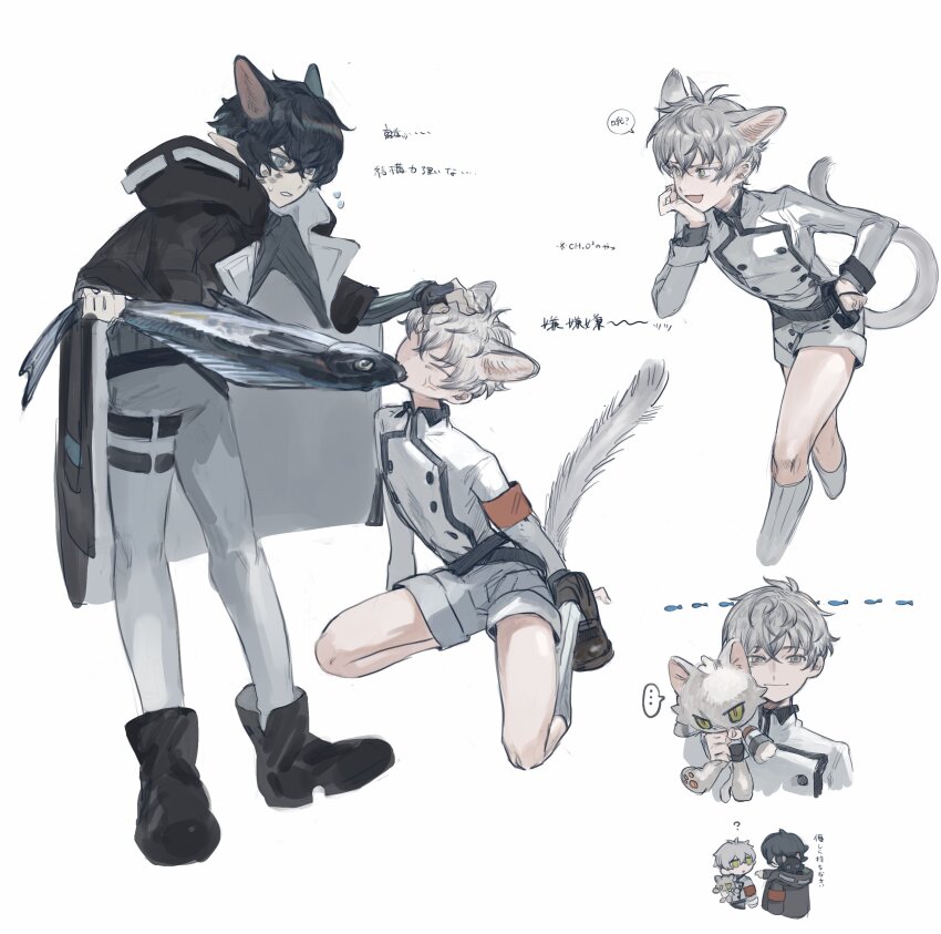 absurdres anger_vein animal animal_ears arknights armband biting black_coat black_footwear black_hair blue_eyes boots cat_boy cat_ears cat_tail coat coat_on_shoulders facial_mark faust_(arknights) fish green_eyes highres holding holding_animal holding_fish holding_stuffed_toy hood hood_down male_focus mephisto_(arknights) multiple_views pants pointy_ears pushing_away pushing_face red_armband shirt shorts stuffed_animal stuffed_cat stuffed_toy sweater tail thigh_strap turtleneck turtleneck_sweater white_background white_hair white_pants white_shirt white_shorts yomotobi