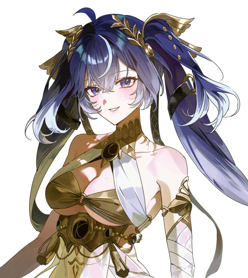 1girl ahoge bare_shoulders blue_eyes blue_hair breasts cleavage collarbone commentary fsuusux gold_bra hair_belt hair_between_eyes hair_ornament hashtag-only_commentary head_wreath highres iuno_(wuthering_waves) long_hair looking_at_viewer medium_breasts multicolored_hair parted_lips simple_background smile solo streaked_hair twintails underboob upper_body wuthering_waves