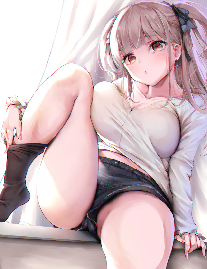 1girl :o absurdres black_bow black_legwear black_shorts blunt_bangs blush bow breast_press breasts cleavage collared_shirt commentary_request curtains denim denim_shorts earrings fay_(fay_axl) hair_bow head_tilt highres jewelry knee_up kneehighs_pull large_breasts light long_hair long_sleeves looking_at_viewer nail_polish original parted_lips pink_nails shirt short_shorts shorts sitting solo thighs two_side_up ufo_earrings unaligned_breasts white_shirt