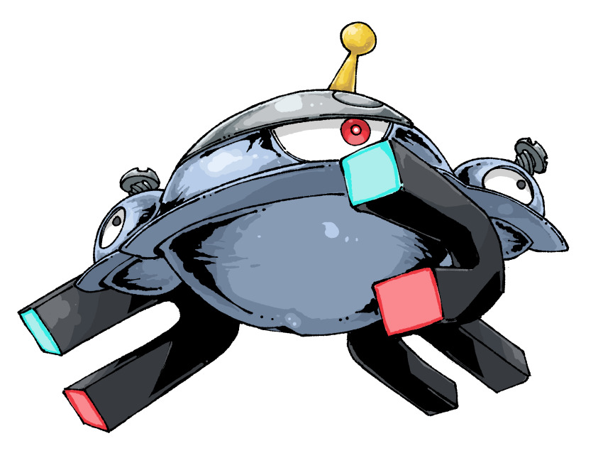 black_eyes commentary english_commentary from_below full_body gen_4_pokemon highres magnet magnezone nintendo no_humans pokemon pokemon_(creature) pokemon_focus pr_quote radio_antenna red_eyes screw simple_background solo white_background