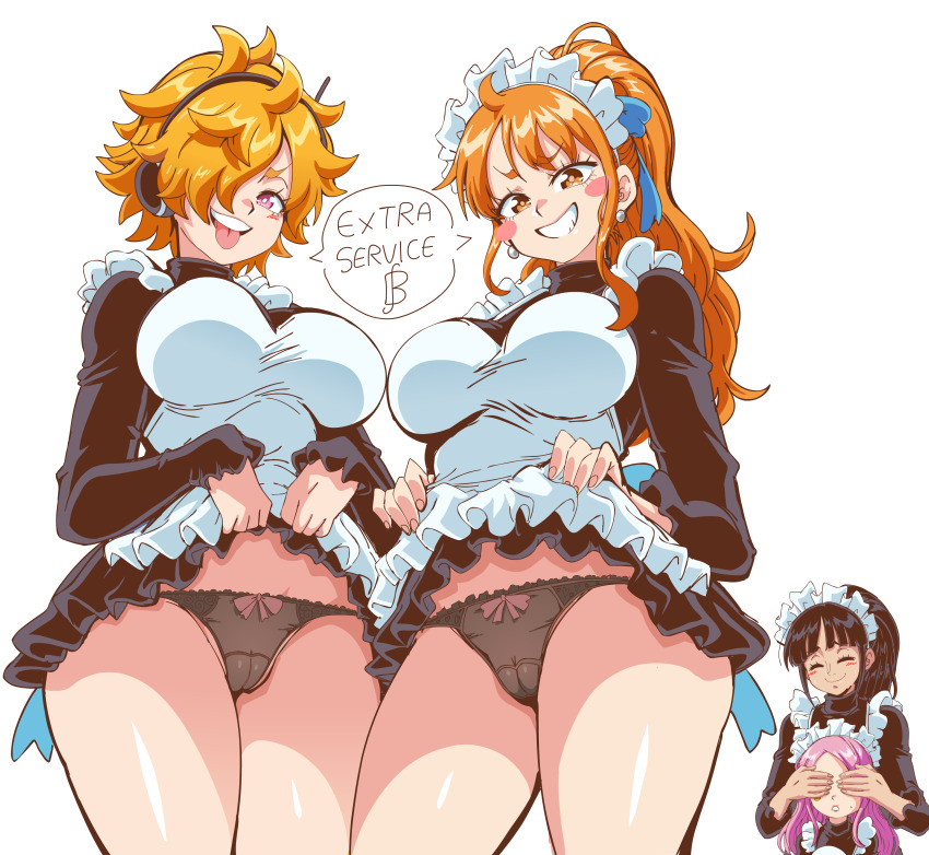 4girls absurdres apron black_dress black_hair blue_ribbon blush_stickers breasts bright_pupils cameltoe closed_eyes closed_mouth clothes_lift commentary covering_another&#039;s_eyes curvy dress dress_lift earrings english_commentary english_text frilled_apron frills grin hair_over_one_eye hair_ribbon high_ponytail highres jewelry jewelry_bonney large_breasts lewdamone lifting_own_clothes long_sleeves looking_at_viewer maid_apron maid_headdress messy_hair multiple_girls nami_(one_piece) naughty_face nico_robin one_piece orange_hair panties patreon_logo pink_eyes pink_hair ponytail ribbon shiny_skin simple_background smile speech_bubble teeth thighs thong tongue tongue_out underwear upper_teeth_only v-shaped_eyebrows vegapunk_lilith watermark web_address white_apron white_background white_pupils wide_hips