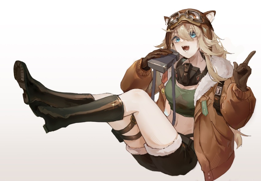 1girl :d animal_ear_headwear animal_ears aviator_cap black_boots blonde_hair blue_eyes boots breasts brown_gloves brown_hat brown_jacket brown_shorts canteen crossed_ankles fake_animal_ears feet_up full_body fur-trimmed_shorts fur_trim gloves goggles goggles_on_headwear gradient_background green_shirt grey_background hair_between_eyes hands_up hat highres holding_canteen index_finger_raised jacket knee_boots lilya_(reverse:1999) long_hair long_sleeves looking_at_viewer mask mask_around_neck midriff navel open_mouth oxygen_mask pouch reverse:1999 shirt short_shorts shorts sitting smile solo teeth thigh_pouch tong_bei_wangu_chen white_background
