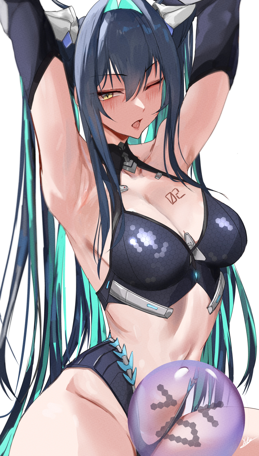 &gt;_&lt; 1girl absurdres armpits arms_up bikini black_bikini black_hair breast_tattoo breasts commentary_request goddess_of_victory:_nikke green_hair hair_intakes highres large_breasts little_mermaid_(nikke) long_hair multicolored_hair navel one_eye_closed simple_background stomach swimsuit tattoo twintails two-tone_hair very_long_hair white_background yellow_eyes yuka_1503