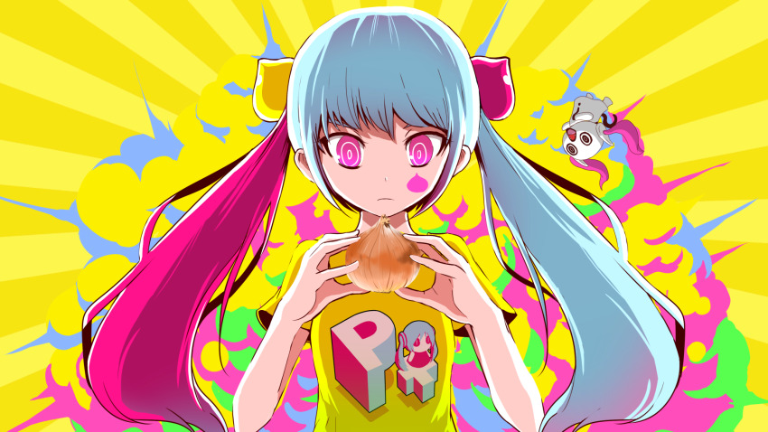1girl aimaina alternate_costume aqua_hair doushite-chan expressionless hatsune_miku highres long_hair multicolored_hair multiple_girls onion pink_eyes pink_hair pinocchio-p shirt song_request twintails two-tone_hair very_long_hair vocaloid yellow_shirt
