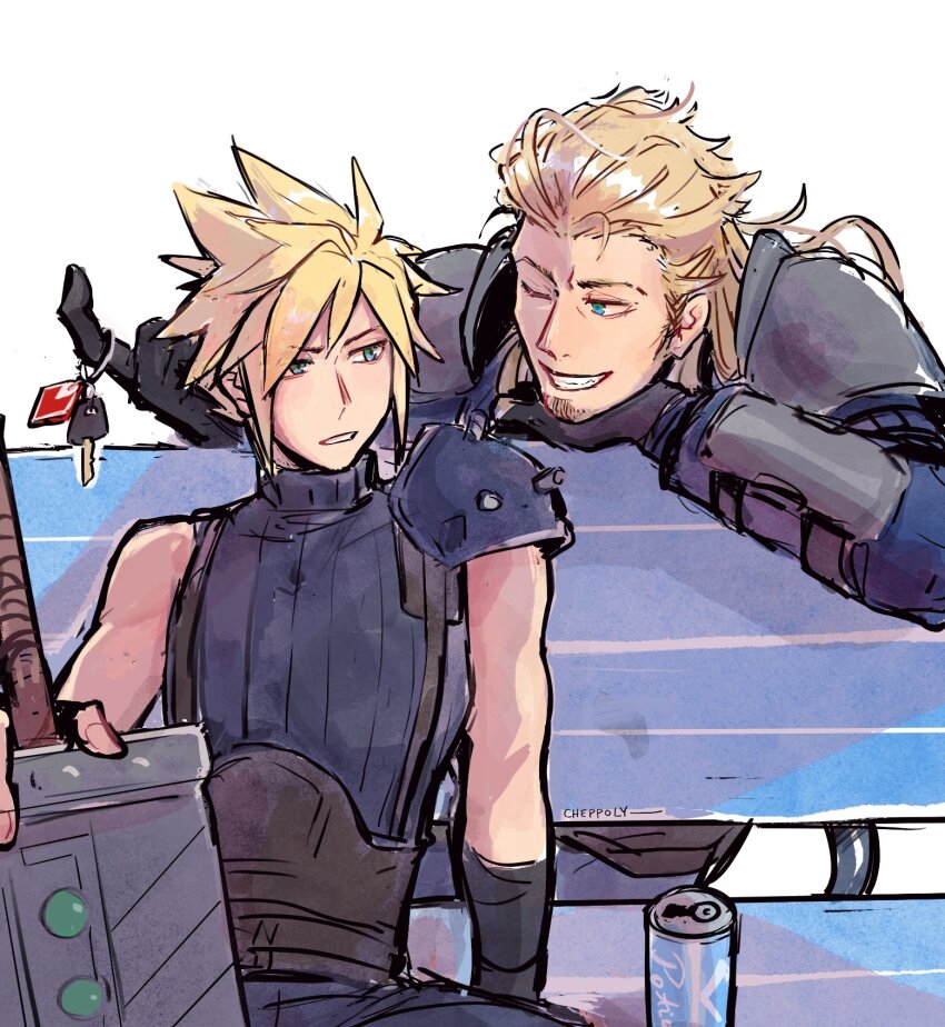 2boys arm_armor armor belt bench black_gloves black_pants black_sweater blonde_hair blue_eyes blue_shirt brown_belt buster_sword can car_keys cheppo clenched_teeth cloud_strife commentary drink_can english_commentary final_fantasy final_fantasy_vii final_fantasy_vii_rebirth final_fantasy_vii_remake gloves grin hair_slicked_back hands_up highres holding holding_sword holding_weapon implied_yaoi key leaning_forward long_hair looking_at_another male_focus materia military_uniform multiple_belts multiple_boys one_eye_closed pants parted_lips pauldrons planted planted_sword planted_weapon roche_(ff7r) shirt short_hair shoulder_armor single_pauldron sitting sleeveless sleeveless_sweater sleeveless_turtleneck smile soda_can spiked_hair suspenders sweater sword teeth turtleneck turtleneck_sweater twitter_username upper_body weapon white_background