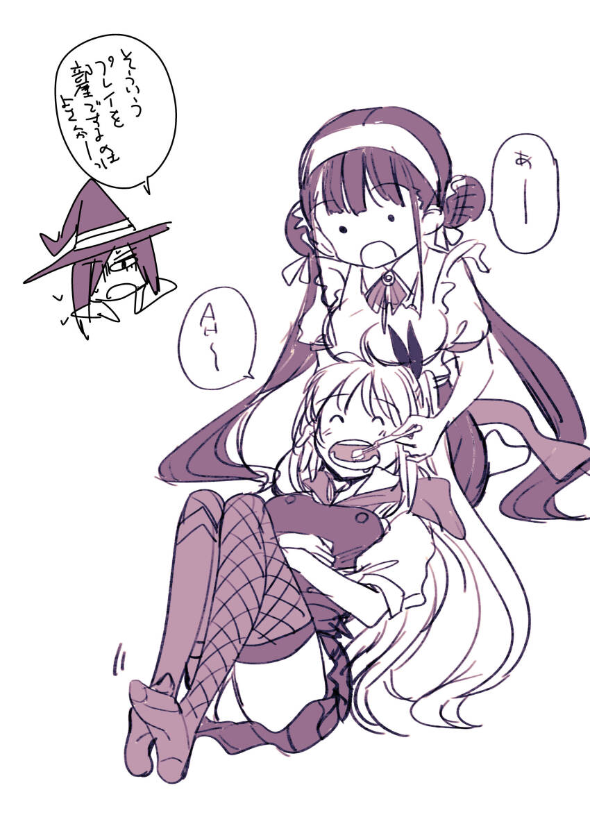 2girls absurdres breasts brushing_teeth double_bun hair_bun hair_ornament hair_stick heaven_burns_red highres kanzaki_adelheid long_hair multiple_girls ponytail puffy_short_sleeves puffy_sleeves sanpachishiki_(gyokusai-jima) satsuki_mari short_sleeves tenne_miko twintails very_long_hair yuri