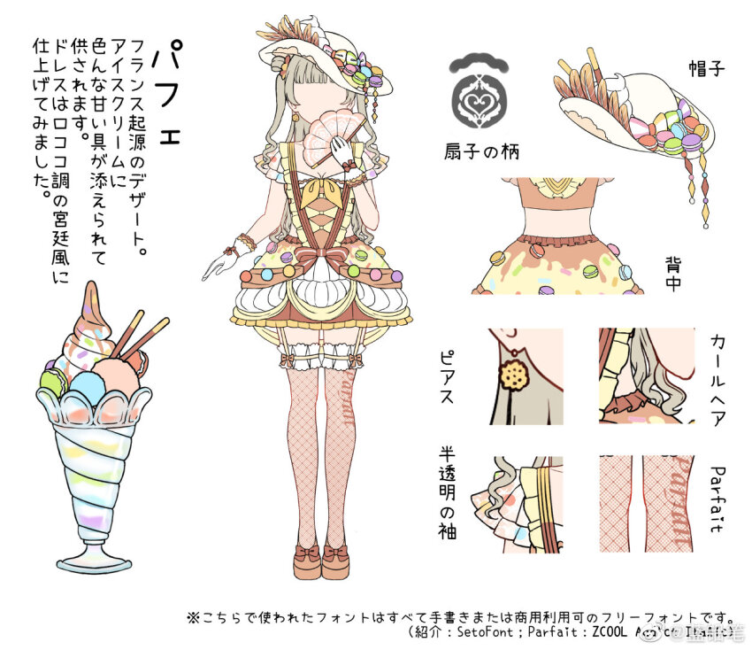 1girl blonde_hair blunt_bangs bow bow_legwear breasts brown_bow brown_footwear brown_shirt brown_thighhighs character_request reference_sheet chinese_commentary chocolate_print cleavage close-up commentary_request double_bun faceless faceless_female fan_to_mouth fishnet_thighhighs fishnets folding_fan food food-themed_clothes food-themed_hat_ornament food_print footwear_bow frilled_gloves frilled_skirt frilled_sleeves frilled_thighhighs frills full_body glass gloves green_bow hair_bun hand_fan hat hat_bow hat_feather hat_ornament holding holding_fan long_hair love_live! macaron midriff miniskirt neckerchief parfait pink_bow pocky purple_bow qipu_zimi rainbow_order ribbed_legwear second-party_source shirt shoes short_sleeves simple_background skirt small_breasts straight-on striped_bow suspenders thighhighs translation_request two-tone_bow two_side_up whipped_cream white_background white_gloves white_headwear white_sleeves wrist_bow yellow_bow yellow_neckerchief yellow_skirt