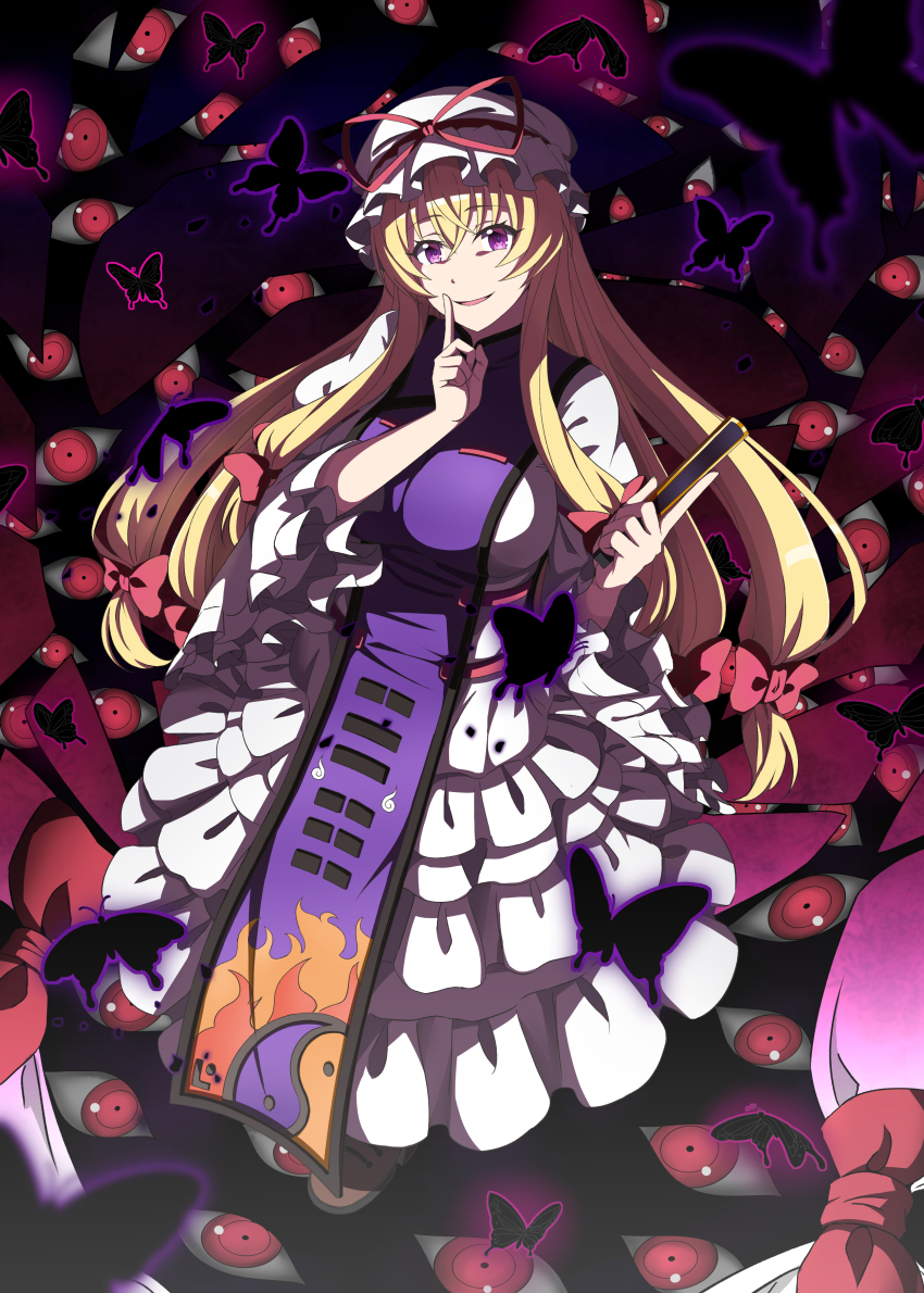 1girl absurdres blonde_hair breasts bug butterfly dress evil_smile finger_to_mouth folded_fan folding_fan frills from_above full_body gap_(touhou) hair_between_eyes hair_ribbon hand_fan hat highres holding holding_fan insect kyoukyan large_breasts long_hair long_sleeves looking_at_viewer mob_cap purple_eyes purple_tabard ribbon smile solo spell_card tabard touhou very_long_hair white_dress yakumo_yukari