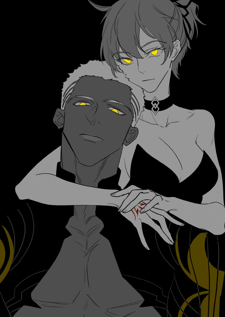 1boy 1girl absurdres arm_around_neck bare_pectorals bare_shoulders breasts choker cleavage command_spell commentary_request crew_cut dark-skinned_male dark_skin dress emiya_alter fate/grand_order fate_(series) fujimaru_ritsuka_(female) hair_ribbon highres medium_breasts pectorals ponytail ribbon shinkaifuyuki spot_color strapless strapless_dress yellow_eyes