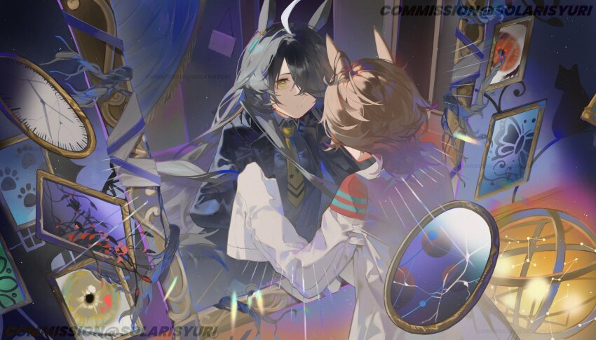 agnes_tachyon_(umamusume) ahoge animal_ears black_coat black_gloves black_hair black_shirt broken_mirror brown_hair celestial_globe clock coat collared_shirt different_reflection dimension_mirror ear_tag earrings gloves hand_up highres horse_ears horse_girl jewelry lab_coat long_hair long_sleeves manhattan_cafe_(umamusume) medium_hair mirror multicolored_hair necktie open_clothes open_coat picture_frame plant reflection shirt single_earring solarisyuri! twitter_username umamusume variant_set very_long_hair vines watermark white_coat white_hair yellow_necktie