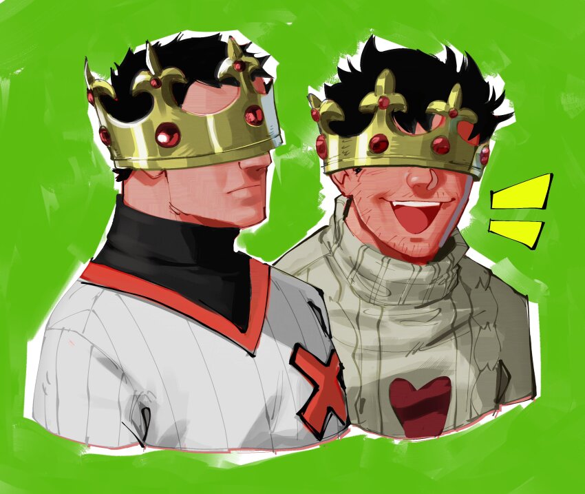 2boys absurdres arms_at_sides baseball_uniform black_hair black_shirt closed_mouth covered_eyes crown green_background grey_sweater happy highres male_focus matty_(radicallymaxton) multiple_boys off_(game) open_mouth shirt short_hair sparse_stubble sportswear sweater teeth the_batter_(off) upper_teeth_only zacharie_(off)