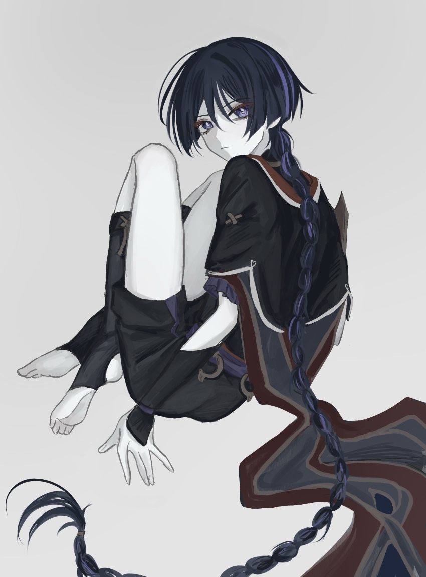 1boy absurdly_long_hair alternate_hair_length alternate_hairstyle arm_at_side black_bodysuit black_hair black_kimono black_leggings black_shorts black_sleeves blunt_ends bodysuit bright_pupils closed_mouth crossed_legs expressionless eyelashes eyeliner eyeshadow fingernails frilled_sleeves frills from_behind furisode genshin_impact gold_trim grey_background hair_tie han&#039;eri highres japanese_clothes jewelry kimono knees_up layered_kimono layered_sleeves leggings long_hair looking_at_viewer looking_back low-braided_long_hair low-tied_long_hair makeup male_focus multicolored_hair neck_ring open_hand pale_skin purple_eyes purple_hair purple_sleeves red_eyeliner red_eyeshadow red_kimono red_trim scaramouche_(genshin_impact) short_sleeves shorts solo stirrup_legwear streaked_hair toeless_legwear toes very_long_hair white_kimono white_pupils yoruli_e