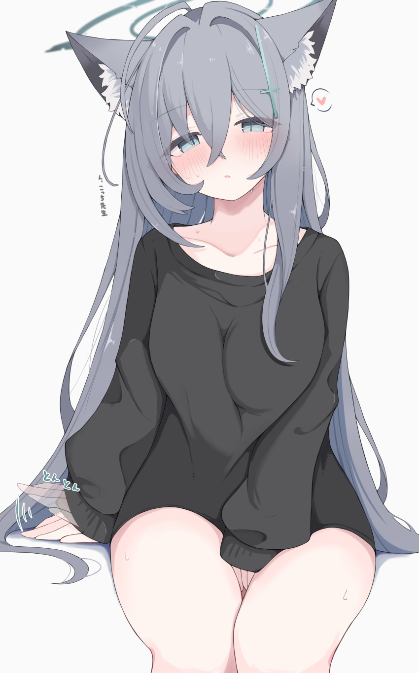1girl absurdres afterimage alternate_costume animal_ear_fluff animal_ears arm_between_legs bare_legs black_sweater blue_archive blush collarbone commentary_request cross_hair_ornament extra_ears feet_out_of_frame grey_hair hair_between_eyes hair_ornament halo heart highres invisible_chair large_pectorals long_hair long_sleeves looking_at_viewer no_pants nui_(nuinui0300) pectorals shiroko_(blue_archive) shiroko_terror_(blue_archive) simple_background sitting solo spoken_heart straight_hair sweater translation_request variant_set very_long_hair white_background wolf_ears