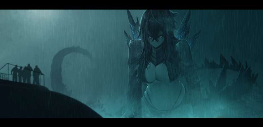 1girl ballistic_missile_submarine blue_theme borrowed_design breasts cleavage cleavage_cutout clothing_cutout cloud cloudy_sky cosplay dark_cloud dark_sky dishwasher1910 giant giantess glowing glowing_eyes godzilla godzilla:_king_of_the_monsters godzilla_(monsterverse) godzilla_(series) humanization kaiju large_breasts legendary_pictures letterboxed looking_at_viewer monochrome monsterverse navel nuclear_submarine outdoors personification rain revealing_clothes serious shrugging sky solo_focus spiked_tail spikes stomach submarine tail thong toho uss_scorpion water watercraft wet