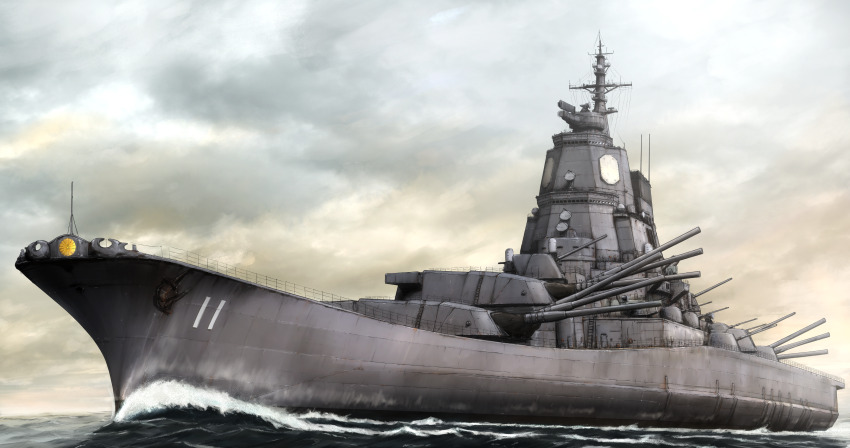 absurdres alternate_design anachronism battleship cannon cloud cloudy_sky hatakaze171 highres japan_maritime_self-defense_force japan_self-defense_force military military_vehicle no_humans ocean original ship sky vehicle_focus warship watercraft yamato_(battleship)