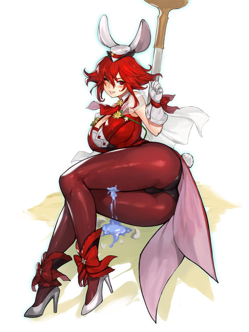 1girl absurdres animal_ears ankle_bow ankle_cuffs ankle_ribbon black_shorts bow breasts capelet cleavage commission fake_animal_ears fire_emblem fire_emblem:_mystery_of_the_emblem flower full_body gloves gurimjang hat high_heels highres large_breasts leg_ribbon legs_together lying minerva_(fire_emblem) minerva_(spring)_(fire_emblem) mini_hat nintendo on_ground on_side one_eye_closed pantyhose pantyhose_under_shorts pixiv_commission planted rabbit_ears rabbit_tail red_bow red_eyes red_hair red_pantyhose ribbon sexually_suggestive shorts solo suggestive_fluid tail thick_thighs thighs weapon white_capelet white_footwear white_gloves