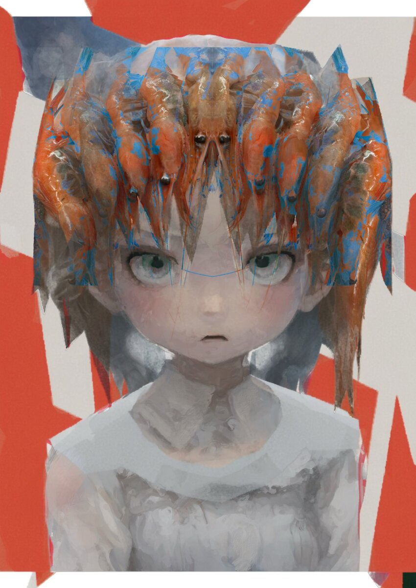 1girl animal animal_on_head child closed_mouth fake_hair frown grey_eyes grey_shirt highres looking_at_viewer nomemene on_head original red_background shirt shrimp solo straight-on upper_body