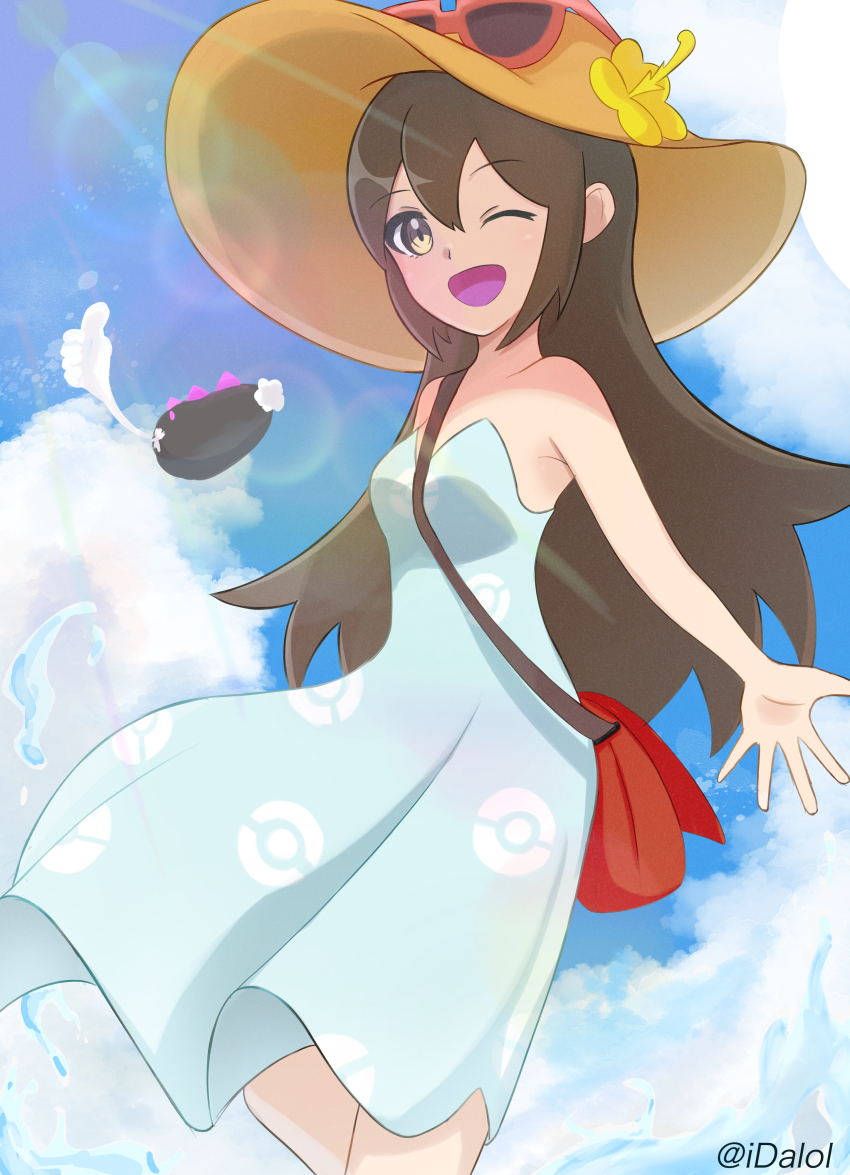 1girl ;d absurdres bag bare_shoulders blue_dress brown_eyes brown_hair brown_headwear dress eyewear_on_headwear gen_7_pokemon hat highres ida_(idalol490) long_hair looking_at_viewer nintendo one_eye_closed open_mouth pokemon pokemon_(creature) pokemon_sm pyukumuku red-framed_eyewear red_bag shoulder_bag sightseer_(pokemon) sleeveless sleeveless_dress smile strapless strapless_dress sun_glare sun_hat