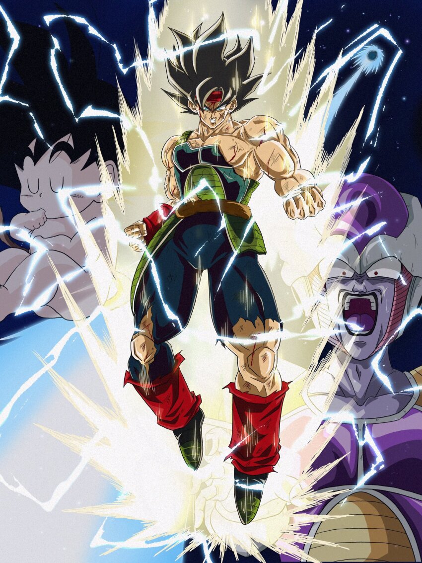 armor bardock black_eyes black_hair broken_armor cross_scar dragon_ball dragonball_z facial_scar father_and_son frieza headband highres looking_at_viewer male_focus monkey_boy monkey_tail multiple_boys muscular muscular_male open_mouth sai_t_d saiyan saiyan_armor scar scar_on_cheek scar_on_face short_hair smile son_goku spiked_hair tail tail_around_waist teeth wristband