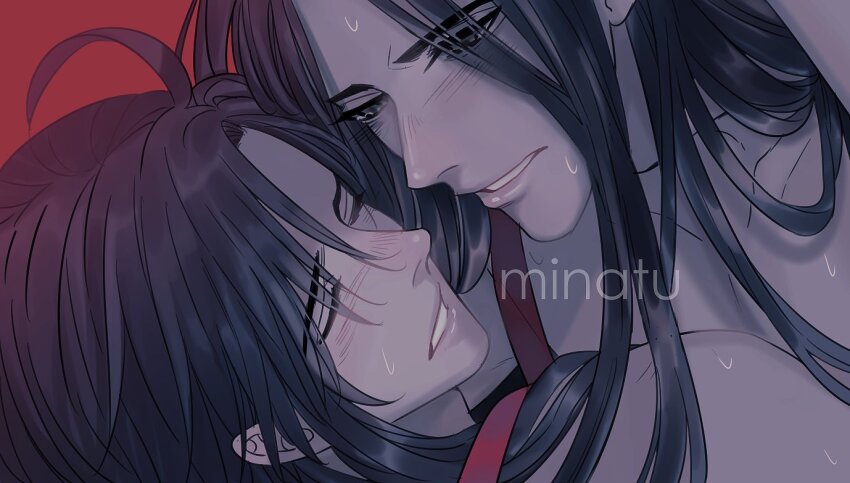 2boys ahoge alternate_hairstyle artist_name black_eyes black_hair blush closed_eyes commentary english_commentary eyes_visible_through_hair hair_down hair_ribbon implied_sex lan_wangji long_hair looking_at_another male_focus minataka94 modao_zushi multiple_boys nude parted_bangs parted_lips pectorals red_background red_ribbon ribbon simple_background smile sweat upper_body watermark wei_wuxian yaoi