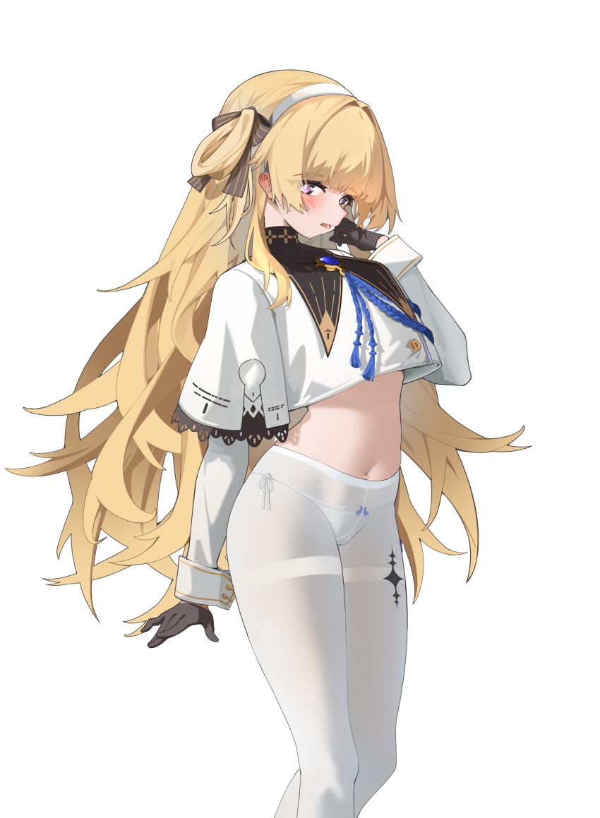 1girl absurdres black_collar black_gloves blonde_hair blush chinese_commentary collar commentary_request crop_top gloves hairband hand_up highres hornesix long_hair long_sleeves looking_at_viewer navel no_pants open_mouth panties panties_under_pantyhose pantyhose phoebe_(wuthering_waves) purple_eyes shirt simple_background solo stomach tacet_mark_(wuthering_waves) thighband_pantyhose underwear very_long_hair white_background white_hairband white_panties white_pantyhose white_shirt wuthering_waves