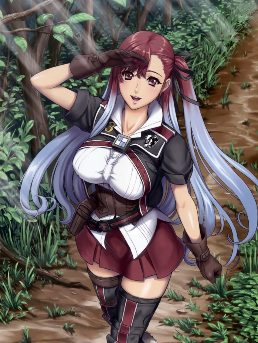 00s 10s 1girl belt blue_hair breasts corset eiwa female_focus forest framed_breasts gloves gradient_hair highres large_breasts long_hair looking_at_viewer looking_up miniskirt multicolored_hair nature open_mouth pleated_skirt red_eyes red_hair riela_marcellis senjou_no_valkyria senjou_no_valkyria_(series) senjou_no_valkyria_3 shirt short_sleeves skirt smile solo taut_clothes taut_shirt thighhighs very_long_hair zettai_ryouiki