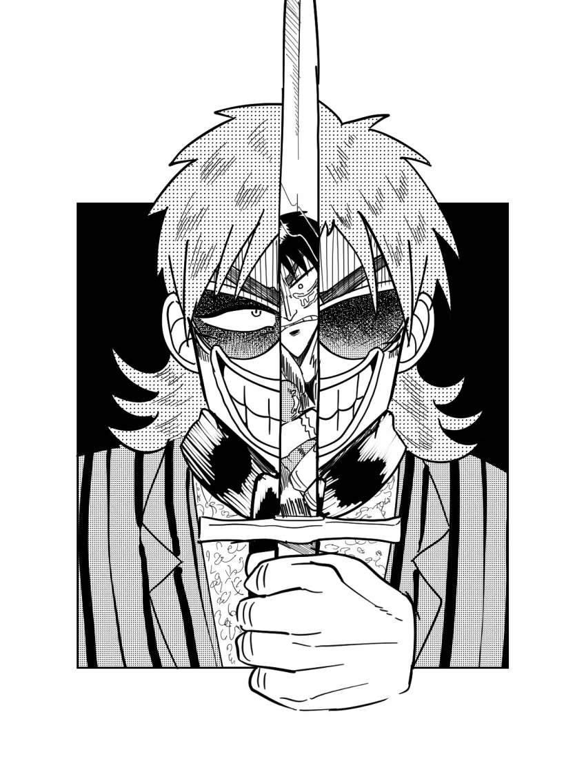 2boys commentary_request crying crying_with_eyes_open flipped_hair fukumoto_nobuyuki_(style) greyscale grin highres holding holding_sword holding_weapon hyoudou_kazuya itou_kaiji jacket kaiji looking_at_viewer male_focus monochrome multiple_boys official_style parody partially_opaque_sunglasses reflection satou_(ultrmngrtsrt) scarf short_hair smile solo_focus striped_clothes striped_jacket style_parody sunglasses sword tears upper_body vertical-striped_clothes vertical-striped_jacket weapon