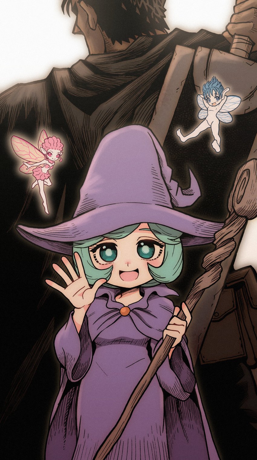 2boys 2girls :d absurdres berserk black_cape black_hair blue_eyes blue_hair cape dragonslayer_(sword) dress evarella_(berserk) fairy fairy_wings fushicho green_eyes green_hair guts_(berserk) hat highres holding holding_staff insect_wings mini_person miniboy minigirl multiple_boys multiple_girls open_mouth pink_eyes pink_hair pink_skirt puck_(berserk) purple_dress schierke_(berserk) skirt smile staff sword weapon wings witch witch_hat