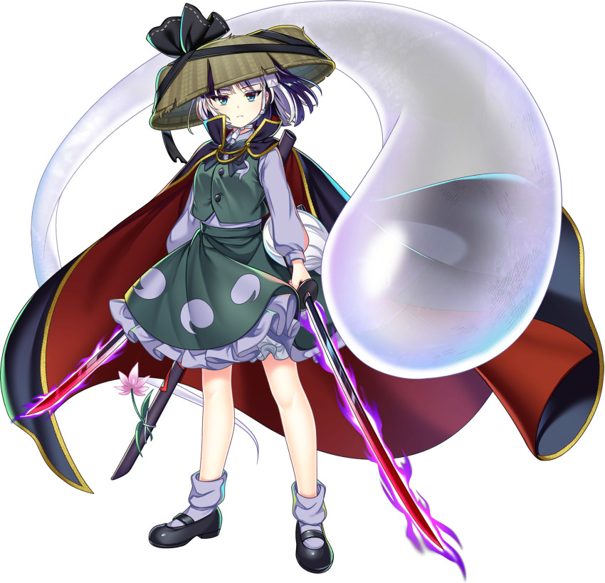 1girl alternate_hair_color aura black_bow black_bowtie black_cape black_shoes bow bowtie cape closed_mouth dark_aura dual_wielding flower frilled_skirt frills full_body game_cg gold_trim green_eyes green_skirt green_vest grey_hair hairband hat headwear_request highres hitodama hitodama_print holding holding_sword holding_weapon katana konpaku_youmu konpaku_youmu_(ghost) long_sleeves looking_at_viewer mary_janes multicolored_hair official_art pink_flower purple_hair purple_shirt purple_socks red_cape rotte_(1109) sheath shirt shoes skirt skirt_set socks solo straw_hat sword third-party_source touhou touhou_lostword transparent_background two-sided_cape two-sided_fabric two-tone_hair unsheathed vest weapon